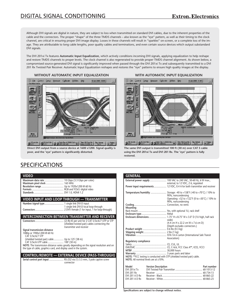 Digital signal conditioning specifications | Extron electronic DVI Twisted Pair Transmitter DVI 201xi Tx User Manual | Page 3 / 4