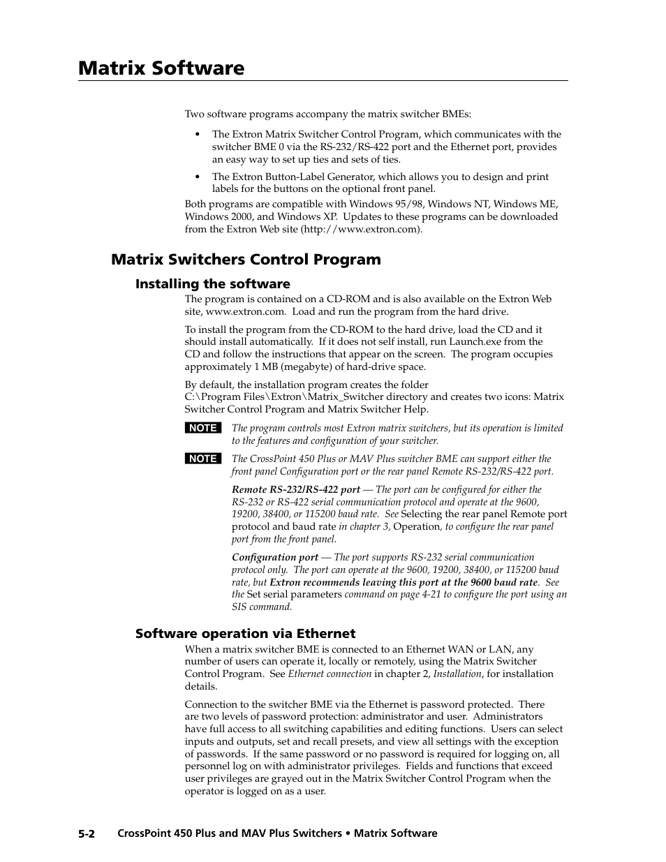 Preliminar y, Matrix software, Matrix switchers control program | Extron electronic MAV Plus User Manual | Page 106 / 172