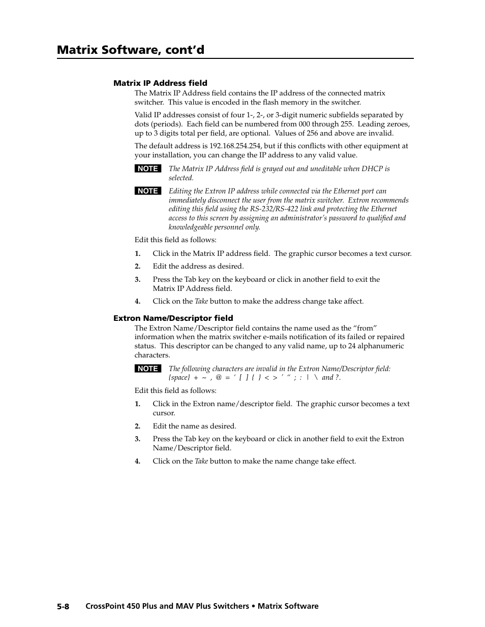 Preliminar y, Matrix software, cont’d | Extron electronic MAV Plus User Manual | Page 112 / 172