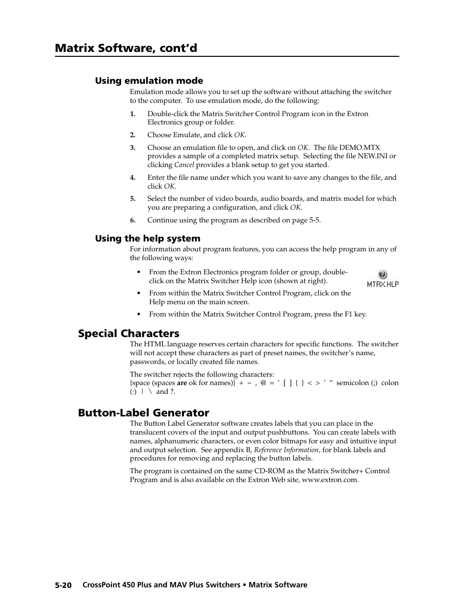 Preliminar y, Matrix software, cont’d, Special characters | Button-label generator | Extron electronic MAV Plus User Manual | Page 124 / 172