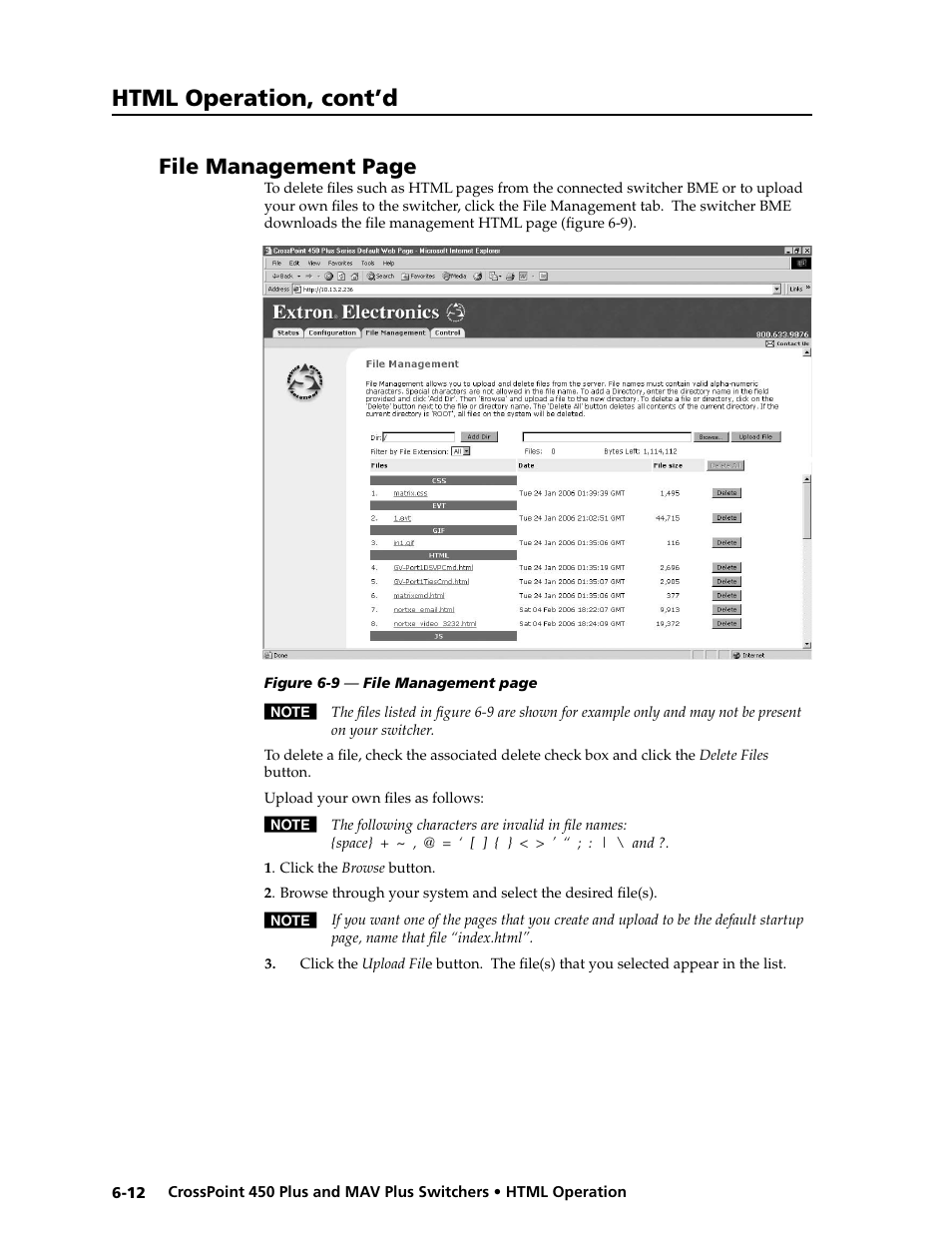 Preliminar y, Html operation, cont’d, File management page | Extron electronic MAV Plus User Manual | Page 136 / 172