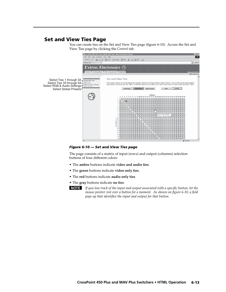 Preliminar y, Set and view ties page | Extron electronic MAV Plus User Manual | Page 137 / 172