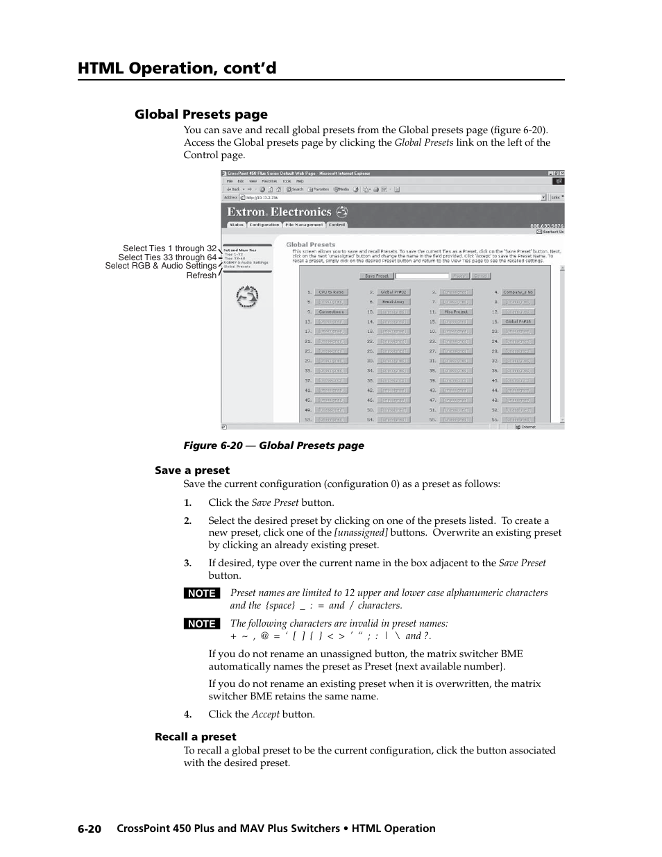 Preliminar y, Html operation, cont’d | Extron electronic MAV Plus User Manual | Page 144 / 172