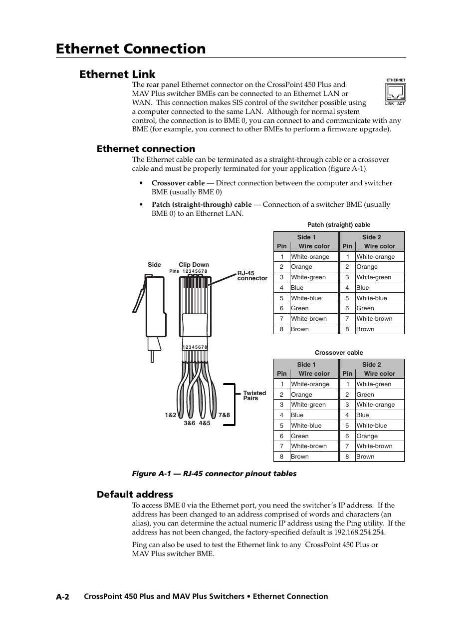 Preliminar y, Ethernet connection, Ethernet link | Default address | Extron electronic MAV Plus User Manual | Page 148 / 172