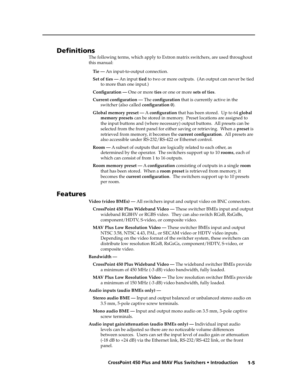 Preliminar y, Defi nitions, Features | Extron electronic MAV Plus User Manual | Page 15 / 172