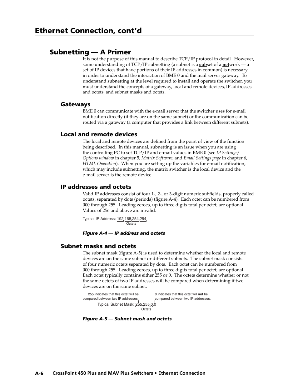 Preliminar y, Ethernet connection, cont’d, Subnetting — a primer | Extron electronic MAV Plus User Manual | Page 152 / 172