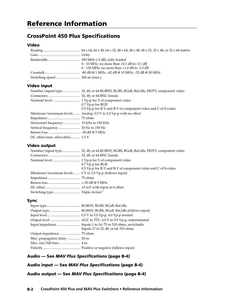 Preliminar y, Reference information, Crosspoint 450 plus specifi cations | Extron electronic MAV Plus User Manual | Page 156 / 172