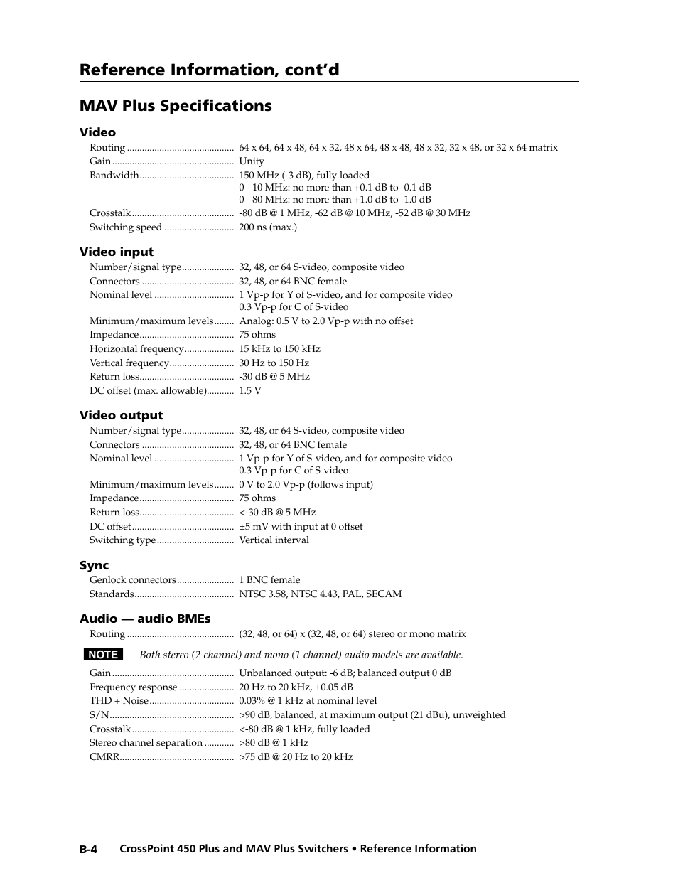 Preliminar y, Reference information, cont’d, Mav plus specifi cations | Extron electronic MAV Plus User Manual | Page 158 / 172