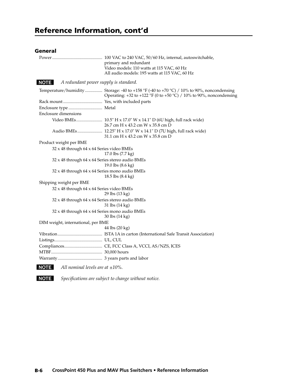Preliminar y, Reference information, cont’d | Extron electronic MAV Plus User Manual | Page 160 / 172