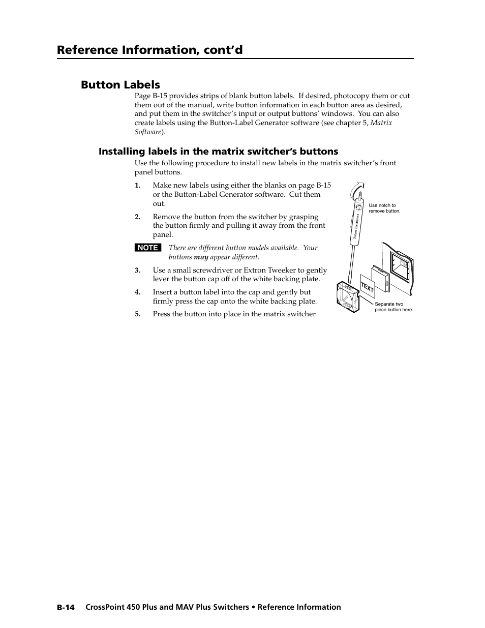 Preliminar y, Reference information, cont’d, Button labels | Extron electronic MAV Plus User Manual | Page 168 / 172