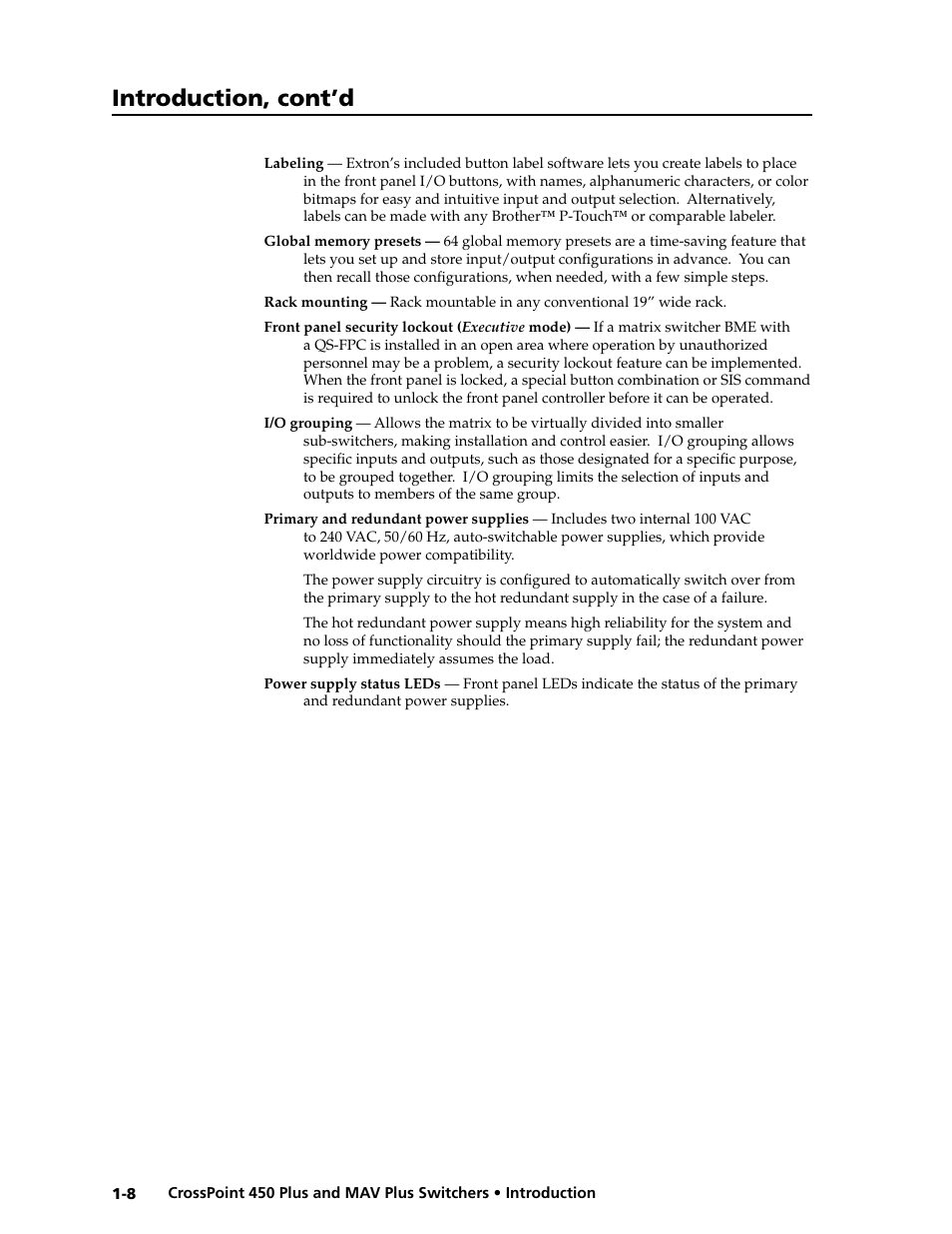 Preliminar y, Introduction, cont’d | Extron electronic MAV Plus User Manual | Page 18 / 172