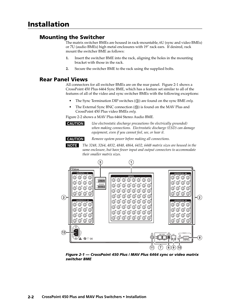Preliminar y, Installation, Mounting the switcher | Rear panel views | Extron electronic MAV Plus User Manual | Page 20 / 172