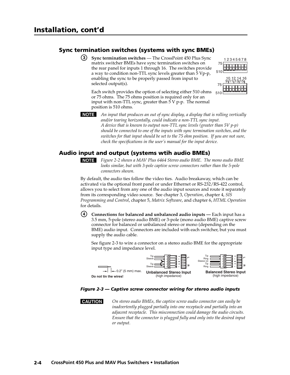 Preliminar y, Installation, cont’d, Sync termination switches (systems with sync bmes) | Audio input and output (systems wtih audio bmes) | Extron electronic MAV Plus User Manual | Page 22 / 172