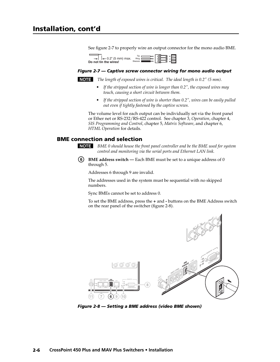 Preliminar y, Installation, cont’d, Bme connection and selection | Addresses 6 through 9 are invalid, Sync bmes cannot be set to address 0 | Extron electronic MAV Plus User Manual | Page 24 / 172