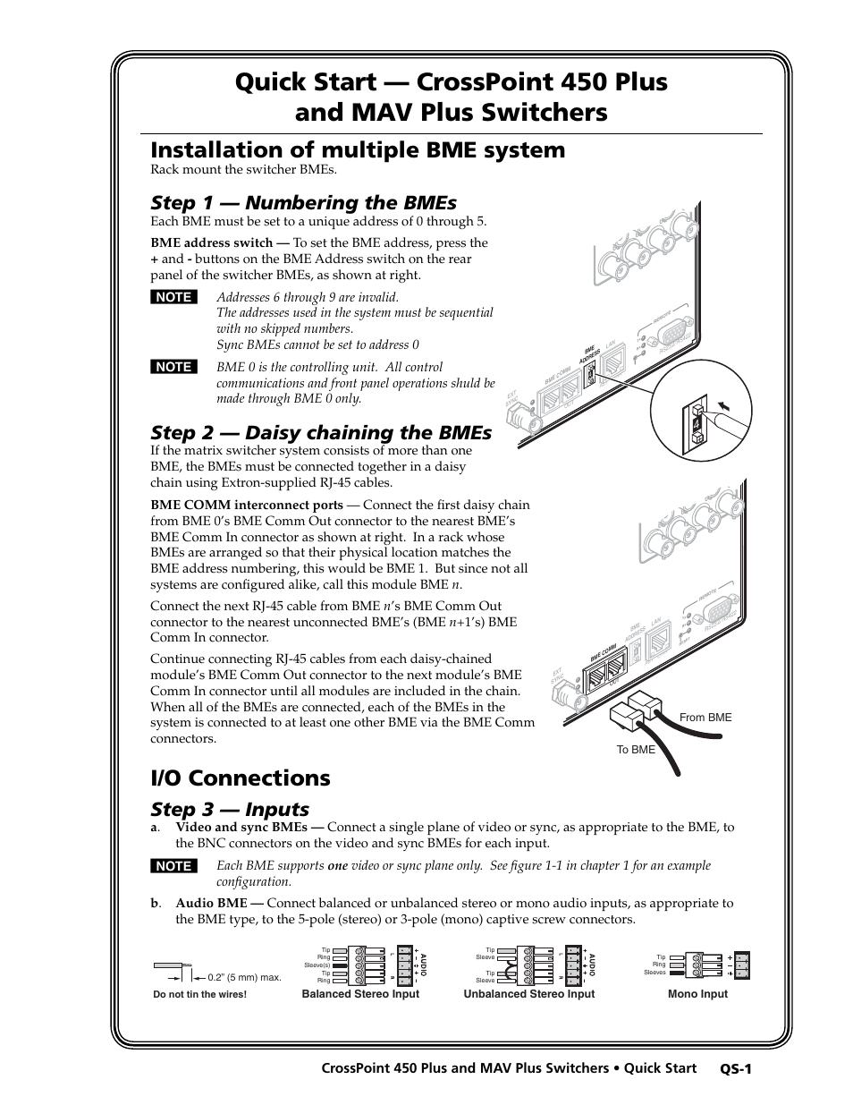 Preliminar y, Installation of multiple bme system, I/o connections | Step 1 — numbering the bmes, Step 2 — daisy chaining the bmes, Step 3 — inputs, Rack mount the switcher bmes | Extron electronic MAV Plus User Manual | Page 3 / 172