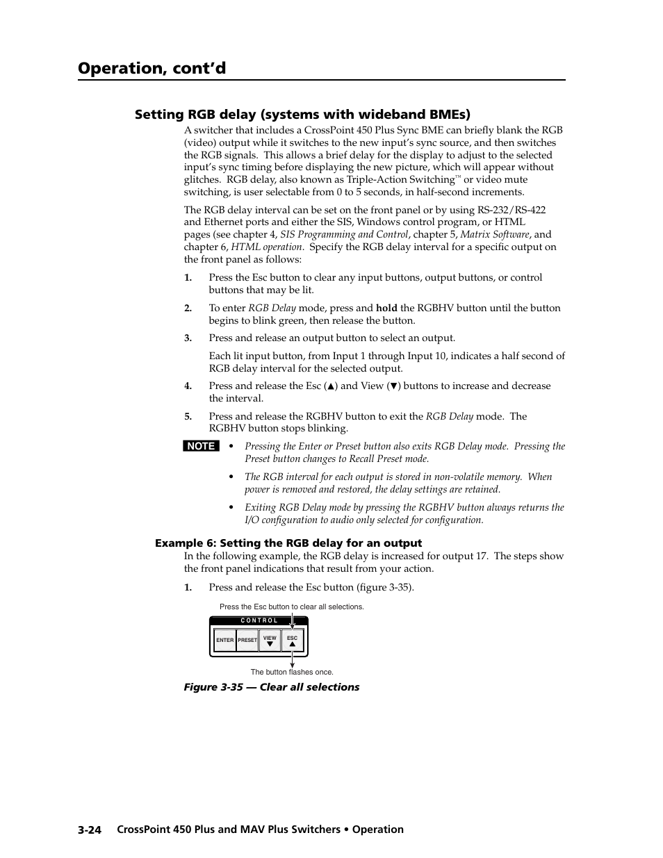 Preliminar y, Operation, cont’d, Setting rgb delay (systems with wideband bmes) | Extron electronic MAV Plus User Manual | Page 54 / 172