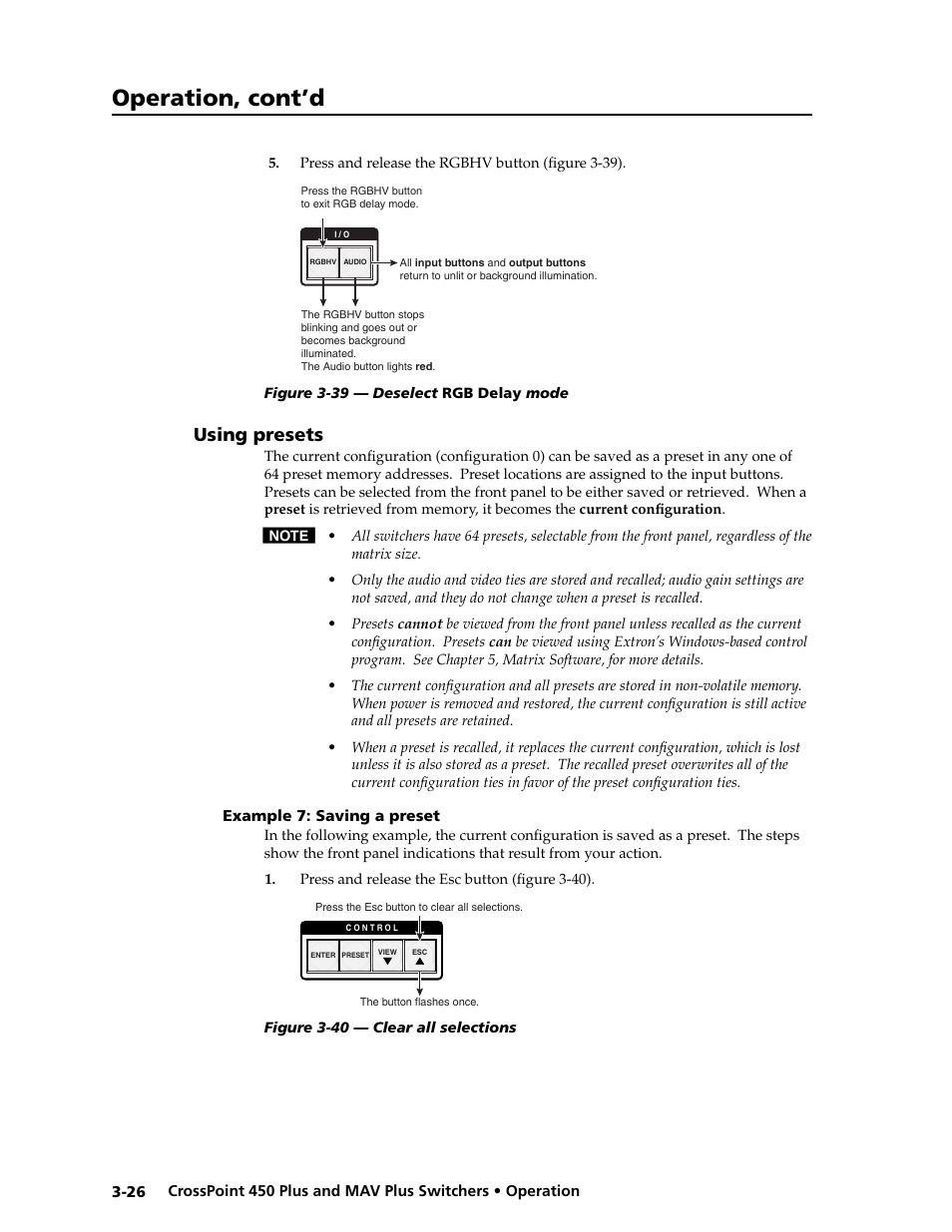 Preliminar y, Operation, cont’d, Using presets | Extron electronic MAV Plus User Manual | Page 56 / 172