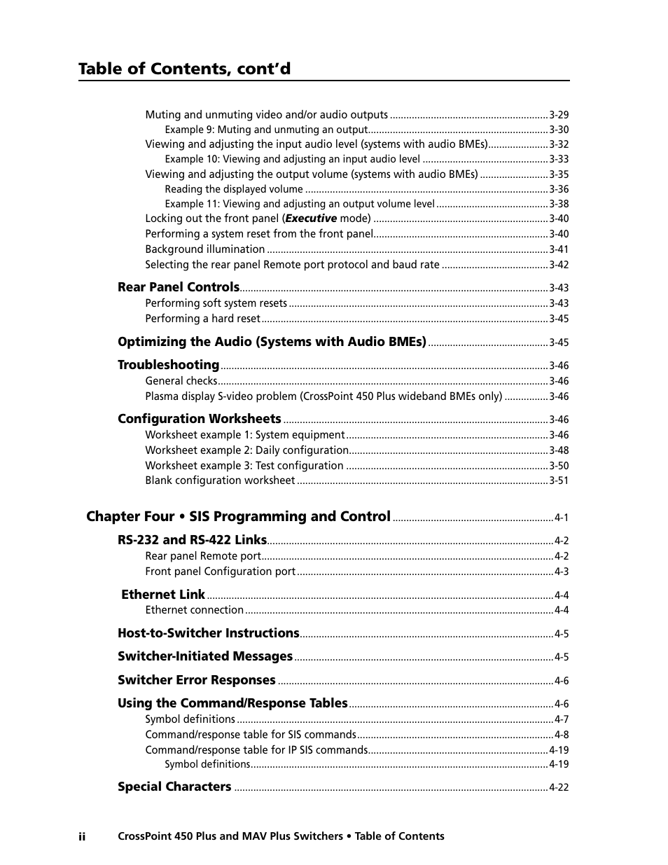 Preliminar y, Table of contents, cont’d, Chapter four • sis programming and control | Extron electronic MAV Plus User Manual | Page 6 / 172