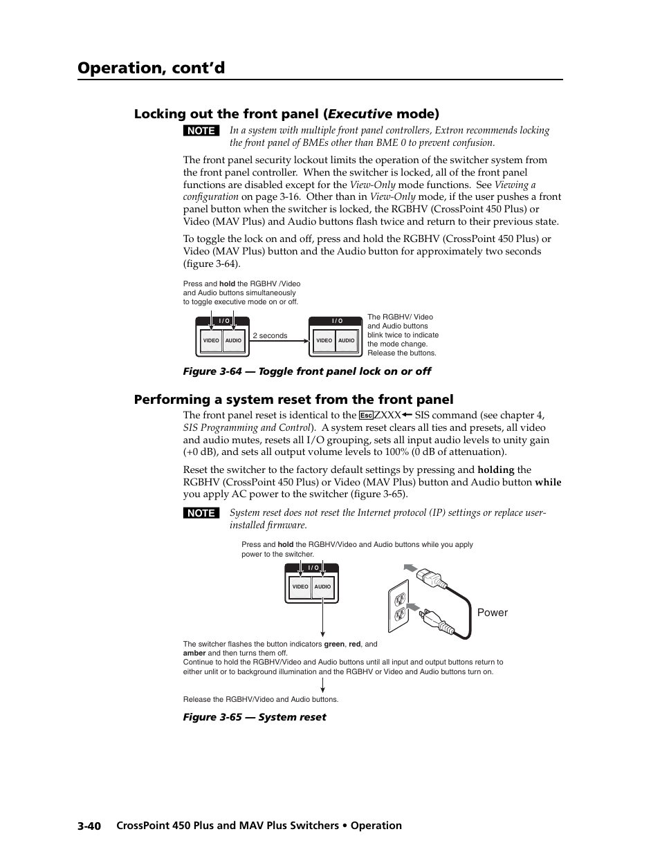 Preliminar y, Operation, cont’d, Locking out the front panel ( executive mode) | Performing a system reset from the front panel | Extron electronic MAV Plus User Manual | Page 70 / 172