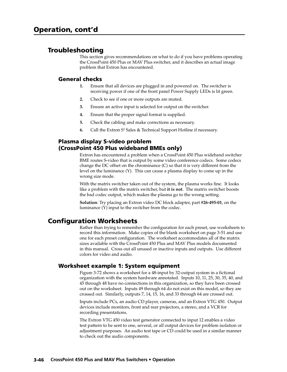 Preliminar y, Operation, cont’d, Troubleshooting | Confi guration worksheets | Extron electronic MAV Plus User Manual | Page 76 / 172