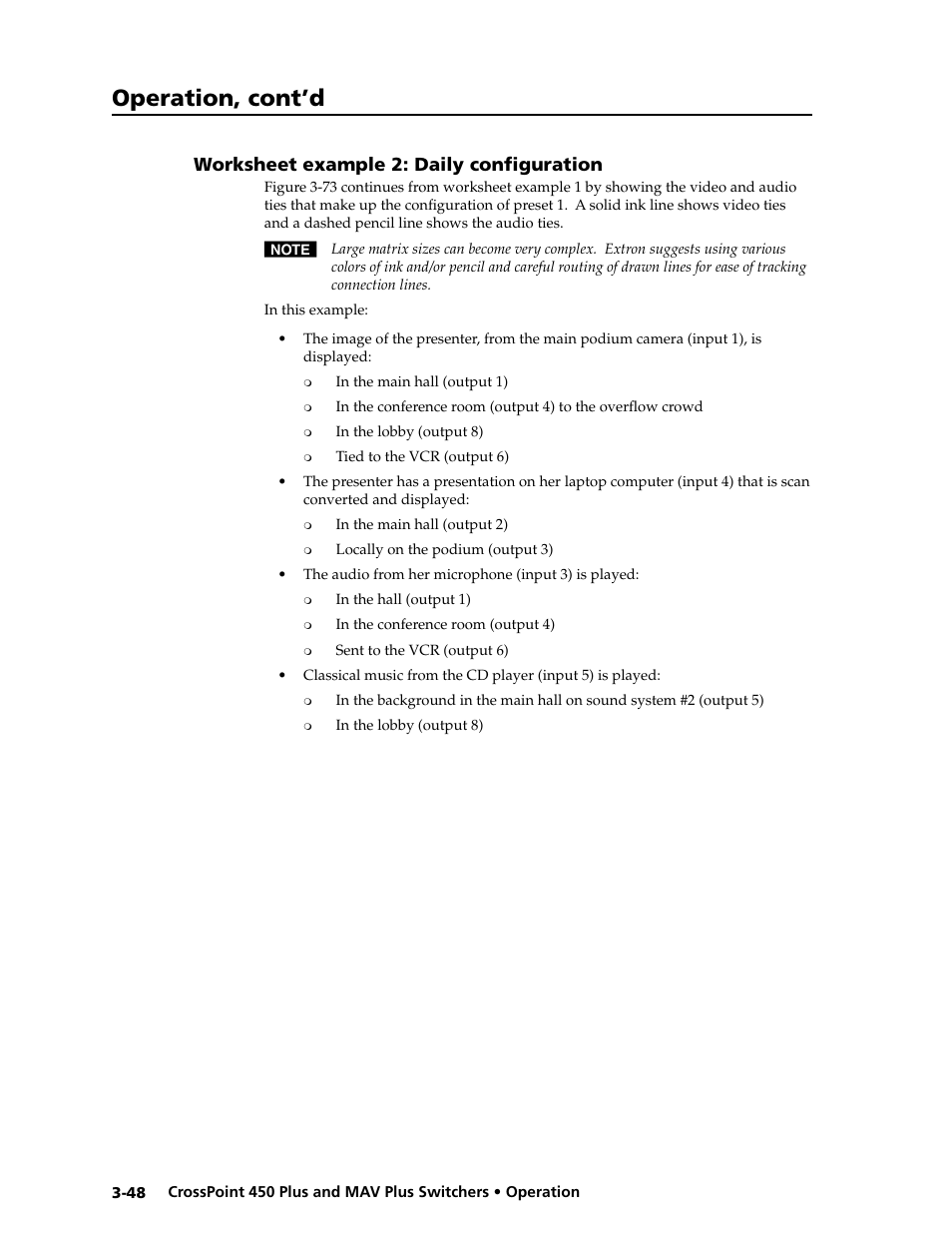 Preliminar y, Operation, cont’d, Worksheet example 2: daily confi guration | Extron electronic MAV Plus User Manual | Page 78 / 172