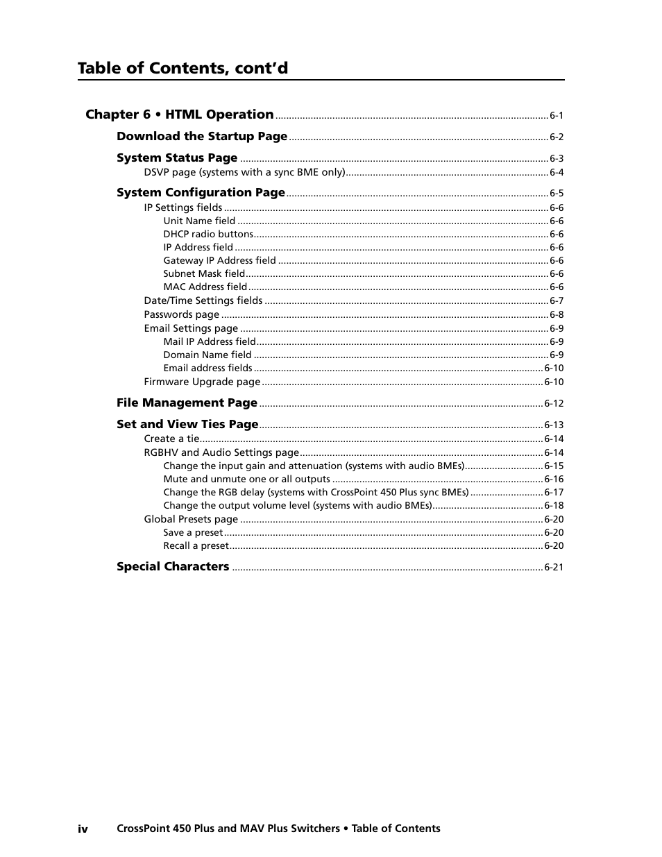 Preliminar y, Table of contents, cont’d | Extron electronic MAV Plus User Manual | Page 8 / 172