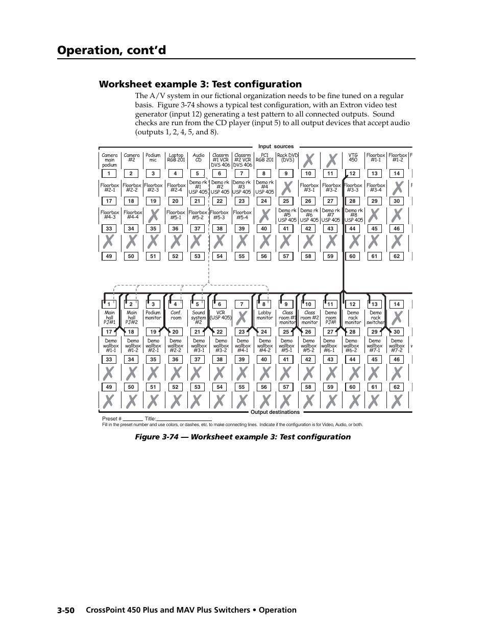 Preliminar y, Operation, cont’d, Worksheet example 3: test confi guration | Extron electronic MAV Plus User Manual | Page 80 / 172