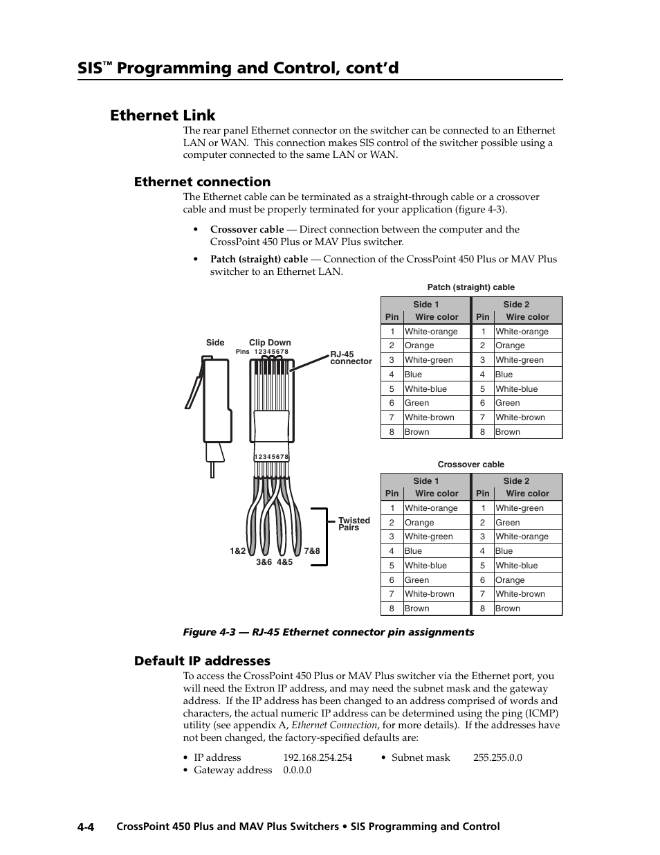 Preliminar y, Programming and control, cont’d, Ethernet link | Ethernet connection, Default ip addresses | Extron electronic MAV Plus User Manual | Page 86 / 172