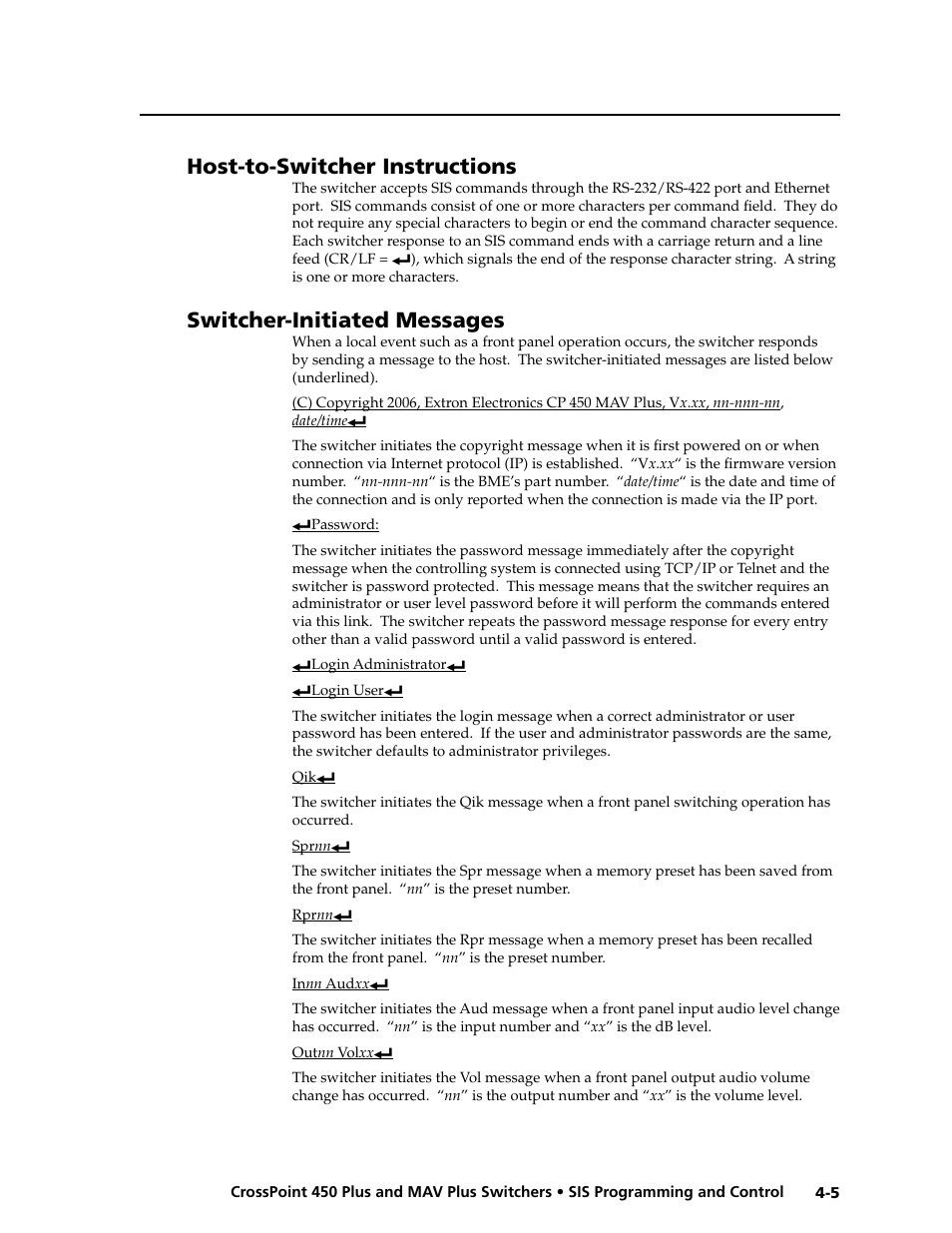 Preliminar y, Host-to-switcher instructions, Switcher-initiated messages | Extron electronic MAV Plus User Manual | Page 87 / 172