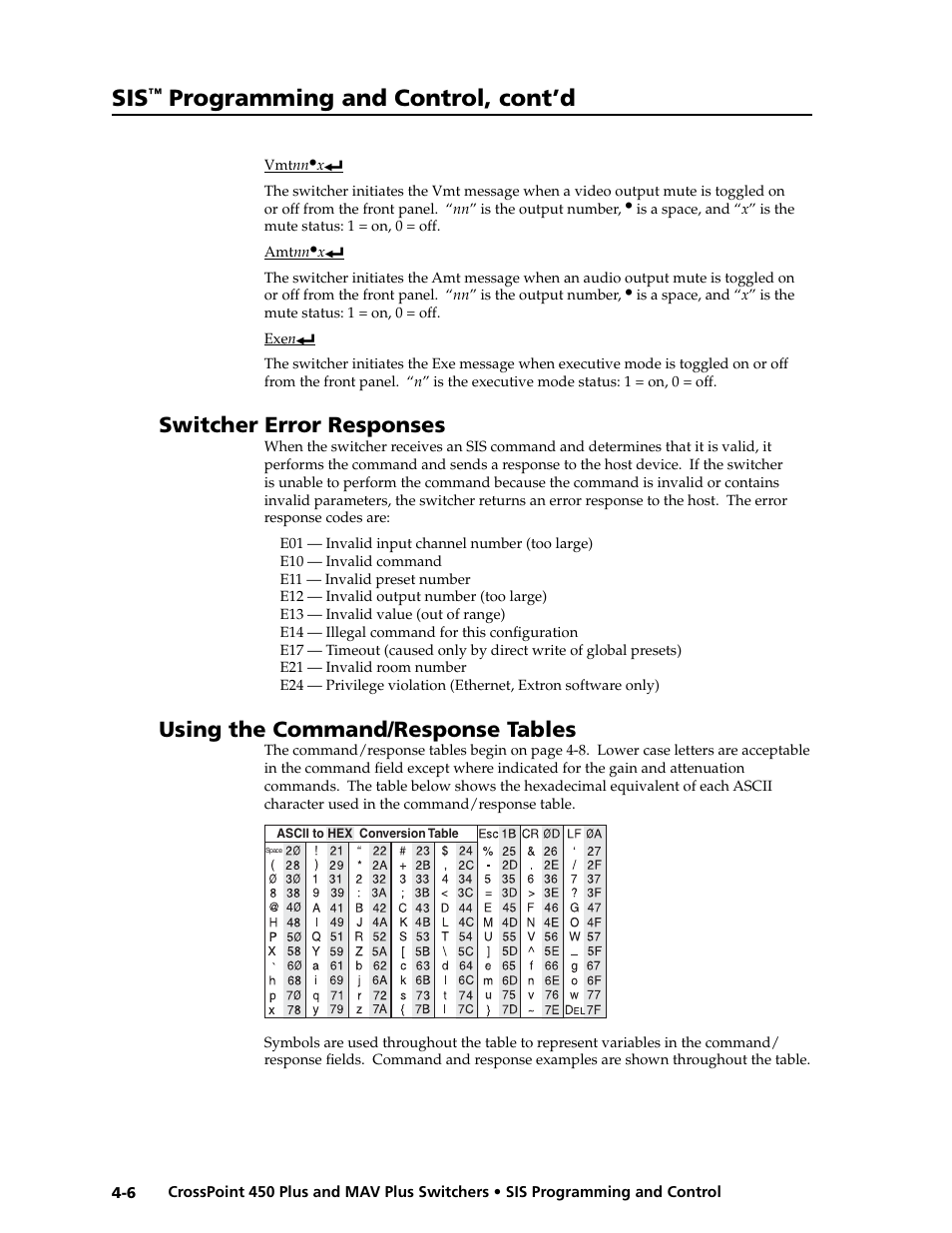 Preliminar y, Programming and control, cont’d, Switcher error responses | Using the command/response tables | Extron electronic MAV Plus User Manual | Page 88 / 172