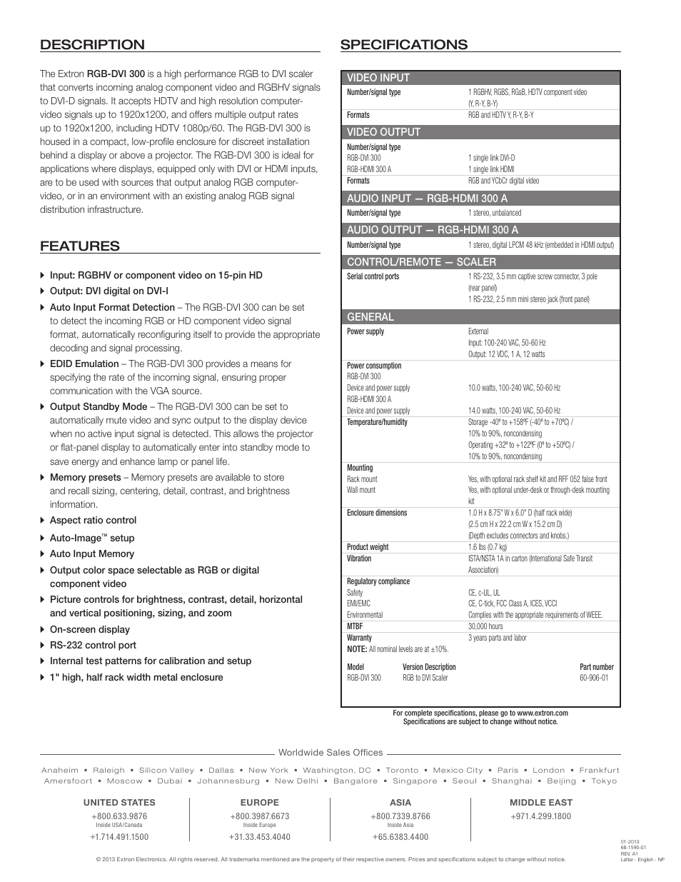 Specifications description, Features | Extron electronic RGB to DVI Scaler RGB-DVI 300 User Manual | Page 2 / 2