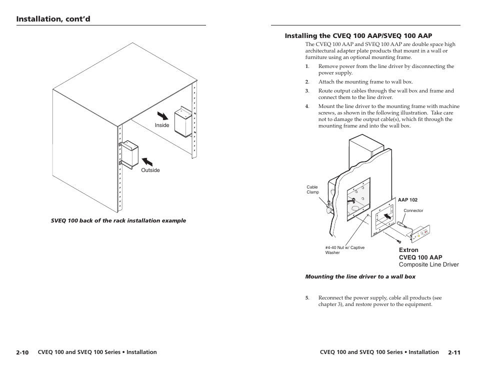 Installing the cveq 100 aap/sveq 100 aap, Installing the cveq 100 aap/sveq 100 aap -11, Installation, cont’d | Extron Electronics CVEQ 100 Series User Manual | Page 12 / 31
