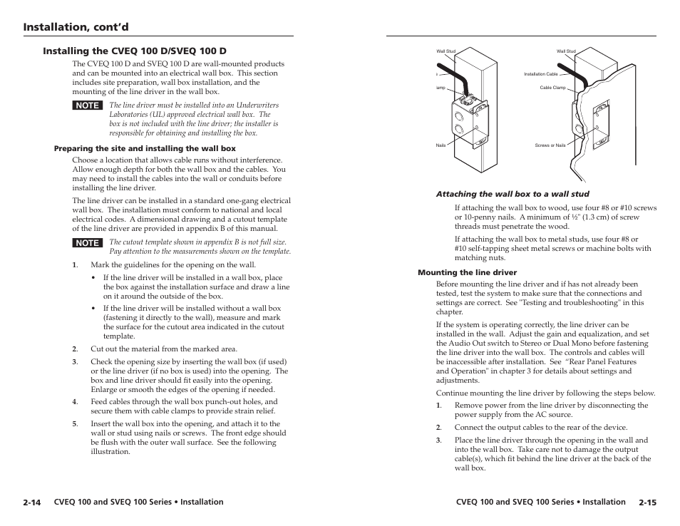 Installing the cveq 100 d/sveq 100 d, Preparing the site and installing the wall box, Mounting the line driver | Installing the cveq 100 d/sveq 100 d -14, Installation, cont’d | Extron Electronics CVEQ 100 Series User Manual | Page 14 / 31