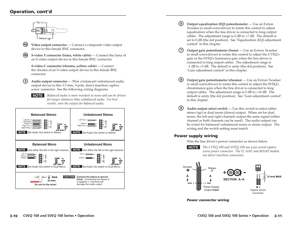 Power supply wiring, Power supply wiring -11, Operation, cont’d | Extron Electronics CVEQ 100 Series User Manual | Page 21 / 31