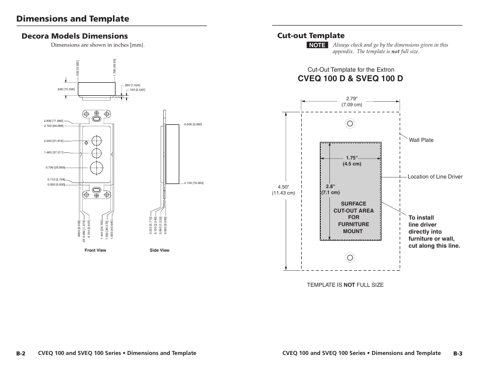 Decora models dimensions, Cut-out template, Dimensions and template | Cut-out template for the extron | Extron Electronics CVEQ 100 Series User Manual | Page 30 / 31