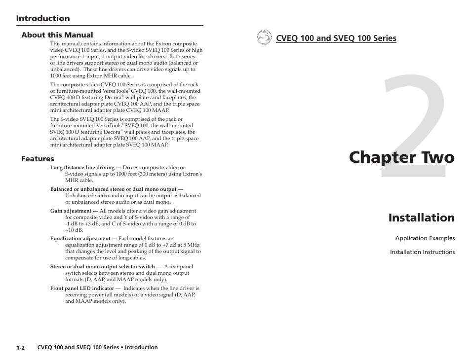 About this manual, Features, Chapter two | Installation, Chapter two • installation | Extron Electronics CVEQ 100 Series User Manual | Page 7 / 31