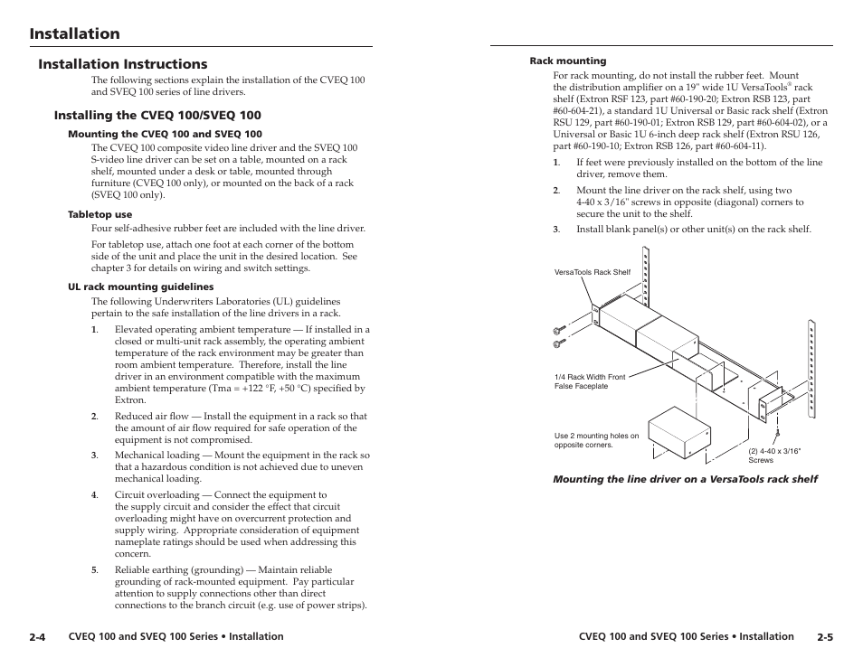 Installation instructions, Installing the cveq 100/sveq 100, Mounting the cveq 100 and sveq 100 | Tabletop use, Ul rack mounting guidelines, Rack mounting, Installing the cveq 100/sveq 100 -4, Installation | Extron Electronics CVEQ 100 Series User Manual | Page 9 / 31
