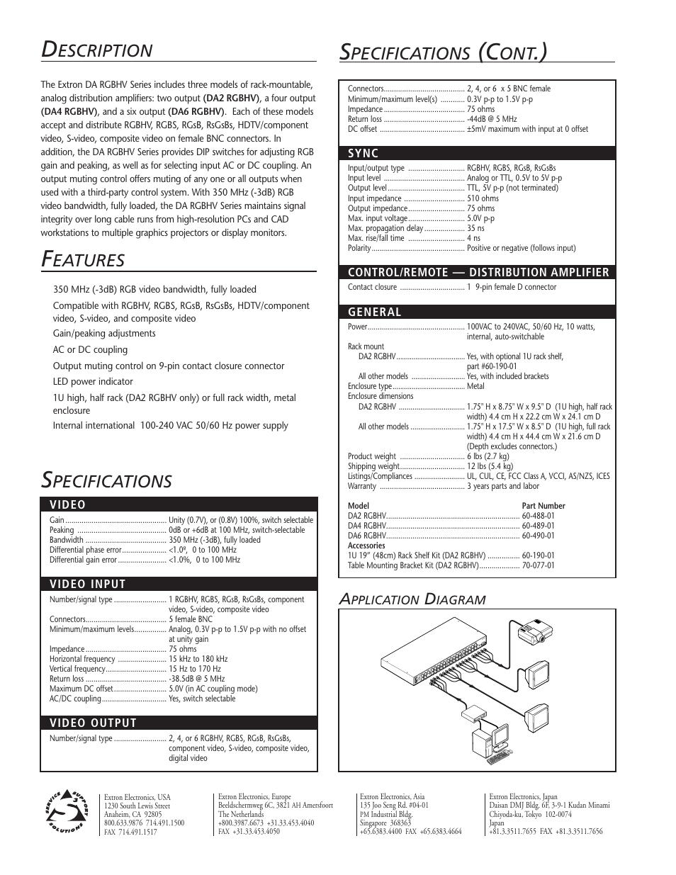 Escription, Eatures, Pecifications | Extron electronic DA RGBHV User Manual | Page 2 / 2