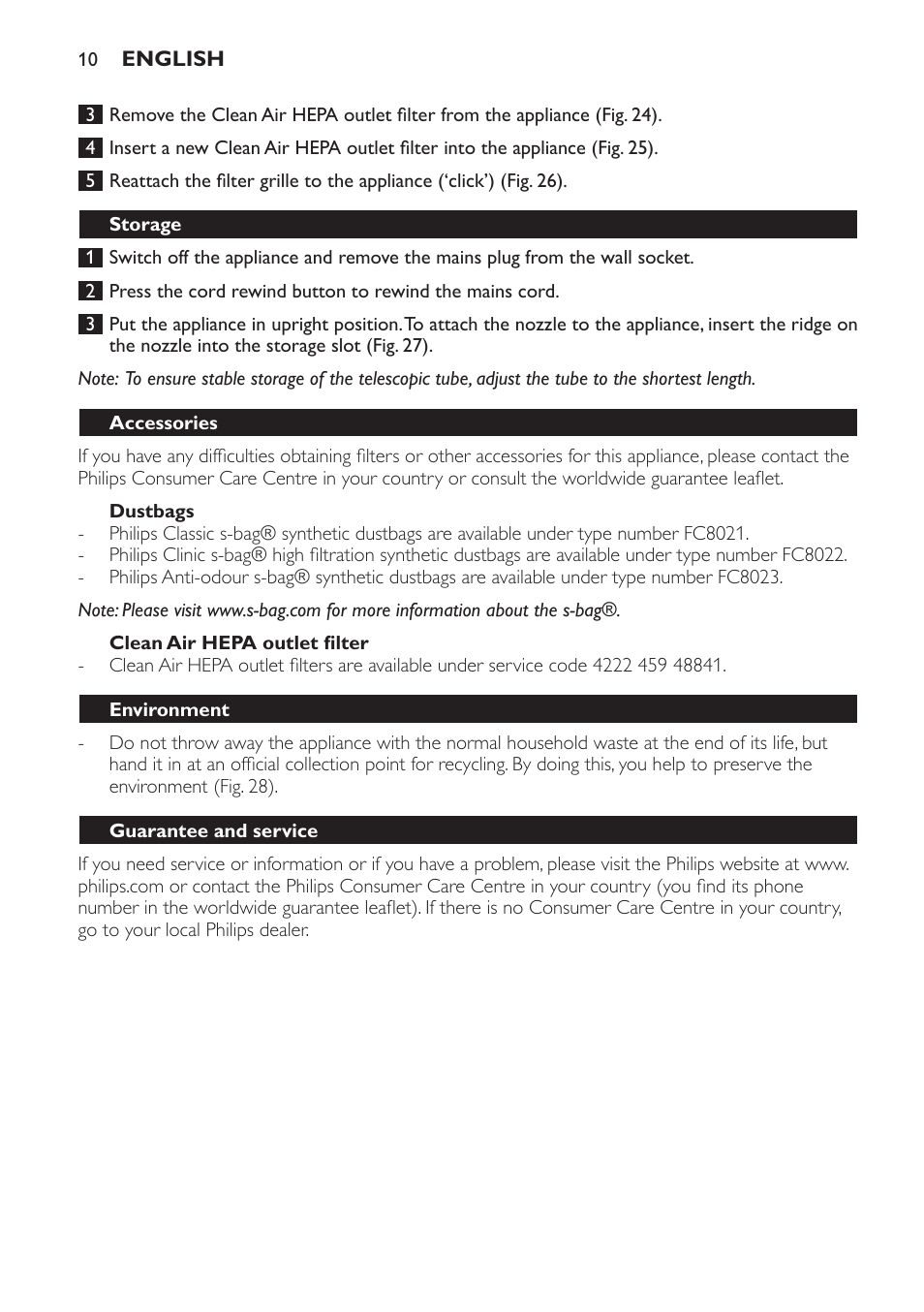 Dustbags, Clean air hepa outlet filter, Storage | Accessories, Environment, Guarantee and service, Troubleshooting | Philips FC8230 User Manual | Page 10 / 116