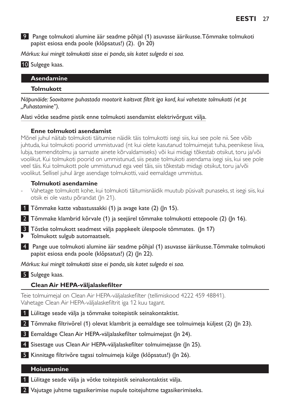 Asendamine, Tolmukott, Enne tolmukoti asendamist | Tolmukoti asendamine, Clean air hepa-väljalaskefilter, Hoiustamine | Philips FC8230 User Manual | Page 27 / 116