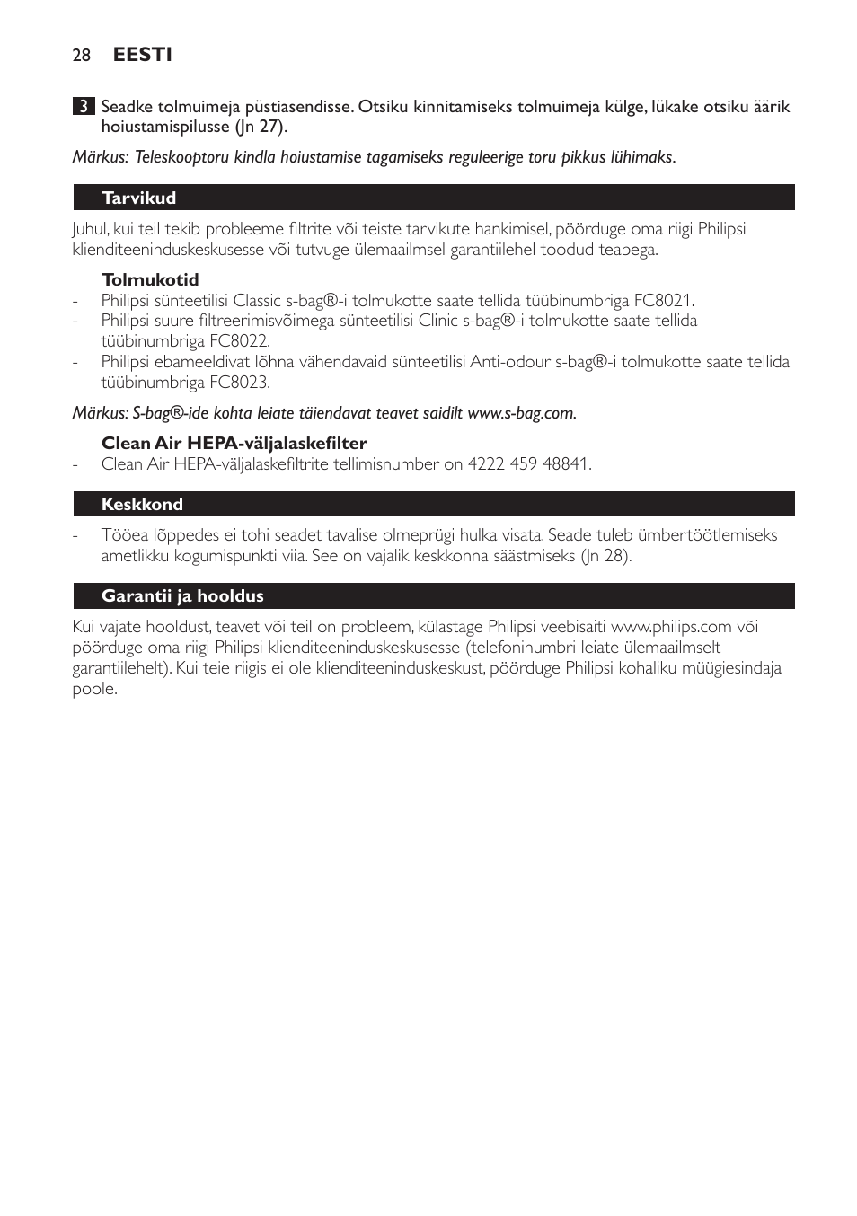 Tolmukotid, Clean air hepa-väljalaskefilter, Tarvikud | Keskkond, Garantii ja hooldus, Veaotsing | Philips FC8230 User Manual | Page 28 / 116