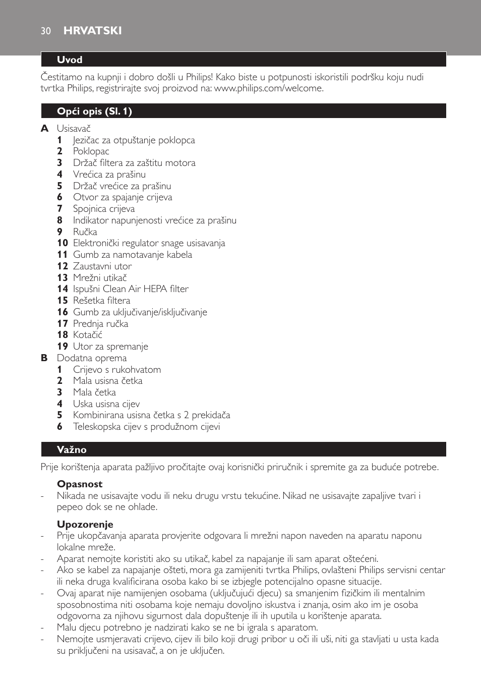Opasnost, Upozorenje, Hrvatski | Uvod, Opći opis (sl. 1), Važno | Philips FC8230 User Manual | Page 30 / 116