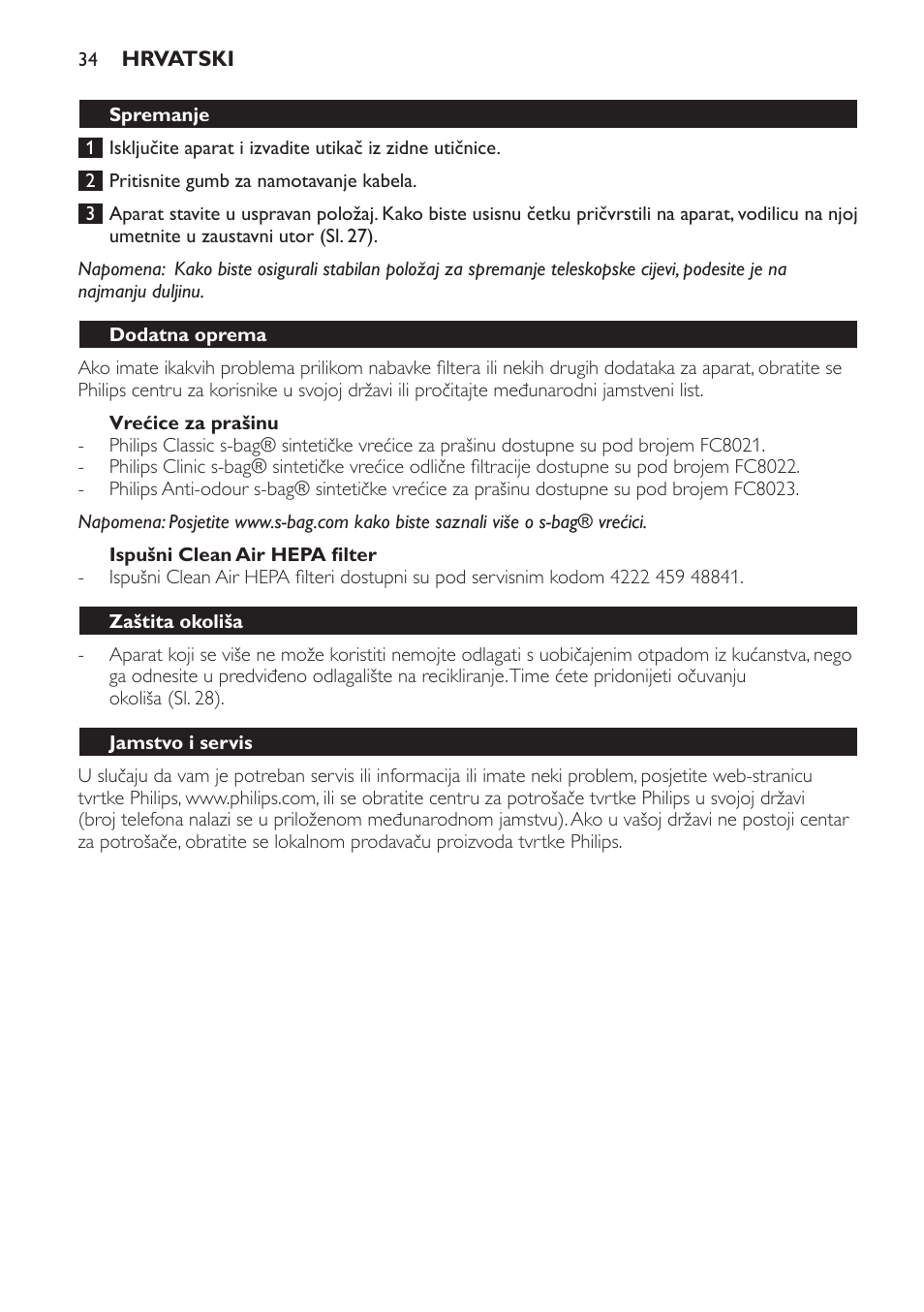 Vrećice za prašinu, Ispušni clean air hepa filter, Spremanje | Dodatna oprema, Zaštita okoliša, Jamstvo i servis, Rješavanje problema | Philips FC8230 User Manual | Page 34 / 116