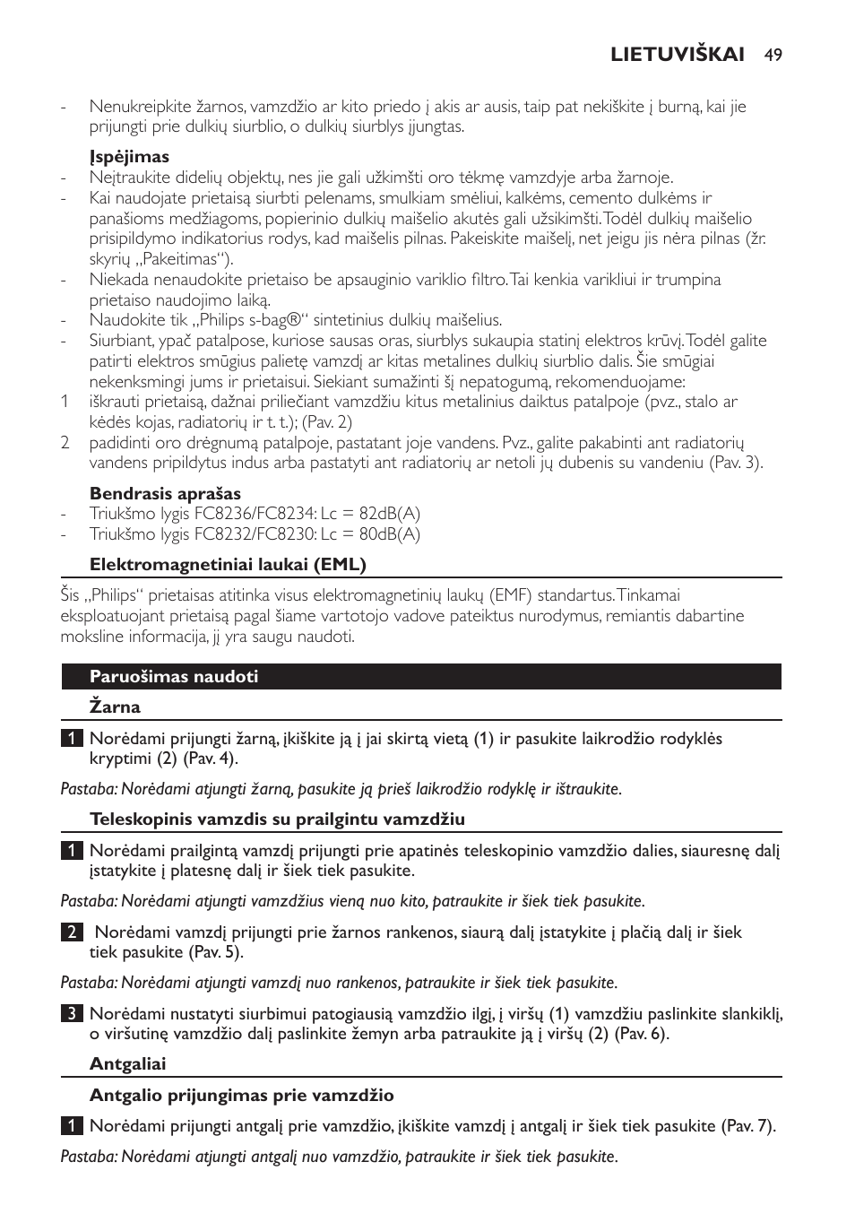 Įspėjimas, Bendrasis aprašas, Elektromagnetiniai laukai (eml) | Paruošimas naudoti, Žarna, Teleskopinis vamzdis su prailgintu vamzdžiu, Antgaliai, Antgalio prijungimas prie vamzdžio | Philips FC8230 User Manual | Page 49 / 116