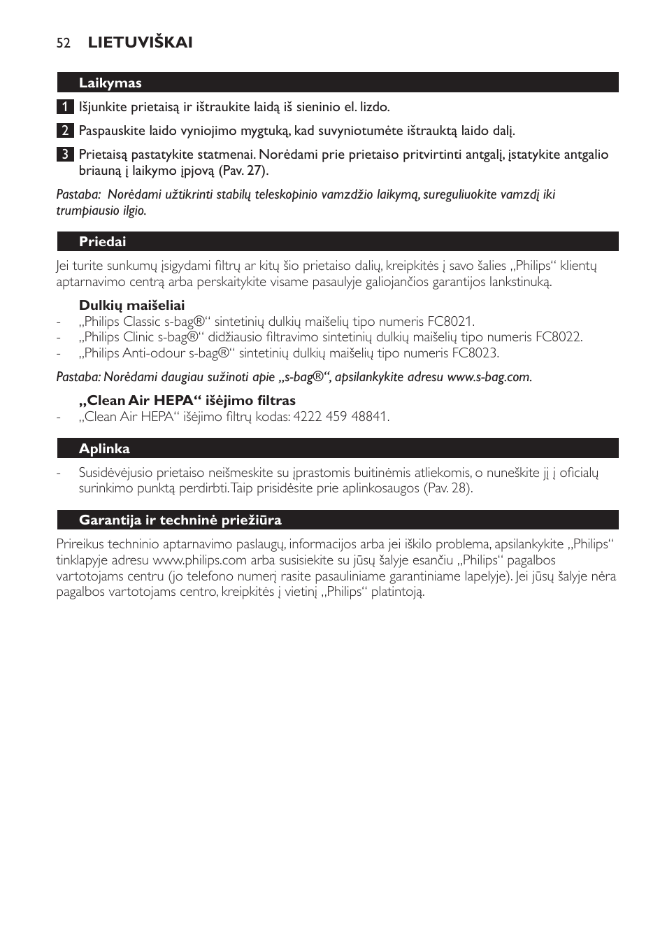 Dulkių maišeliai, Clean air hepa“ išėjimo filtras, Laikymas | Priedai, Aplinka, Garantija ir techninė priežiūra, Greitas trikčių šalinimas | Philips FC8230 User Manual | Page 52 / 116