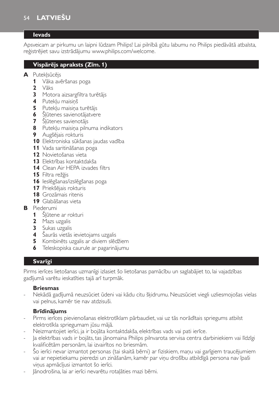 Briesmas, Brīdinājums, Latviešu | Ievads, Vispārējs apraksts (zīm. 1), Svarīgi | Philips FC8230 User Manual | Page 54 / 116