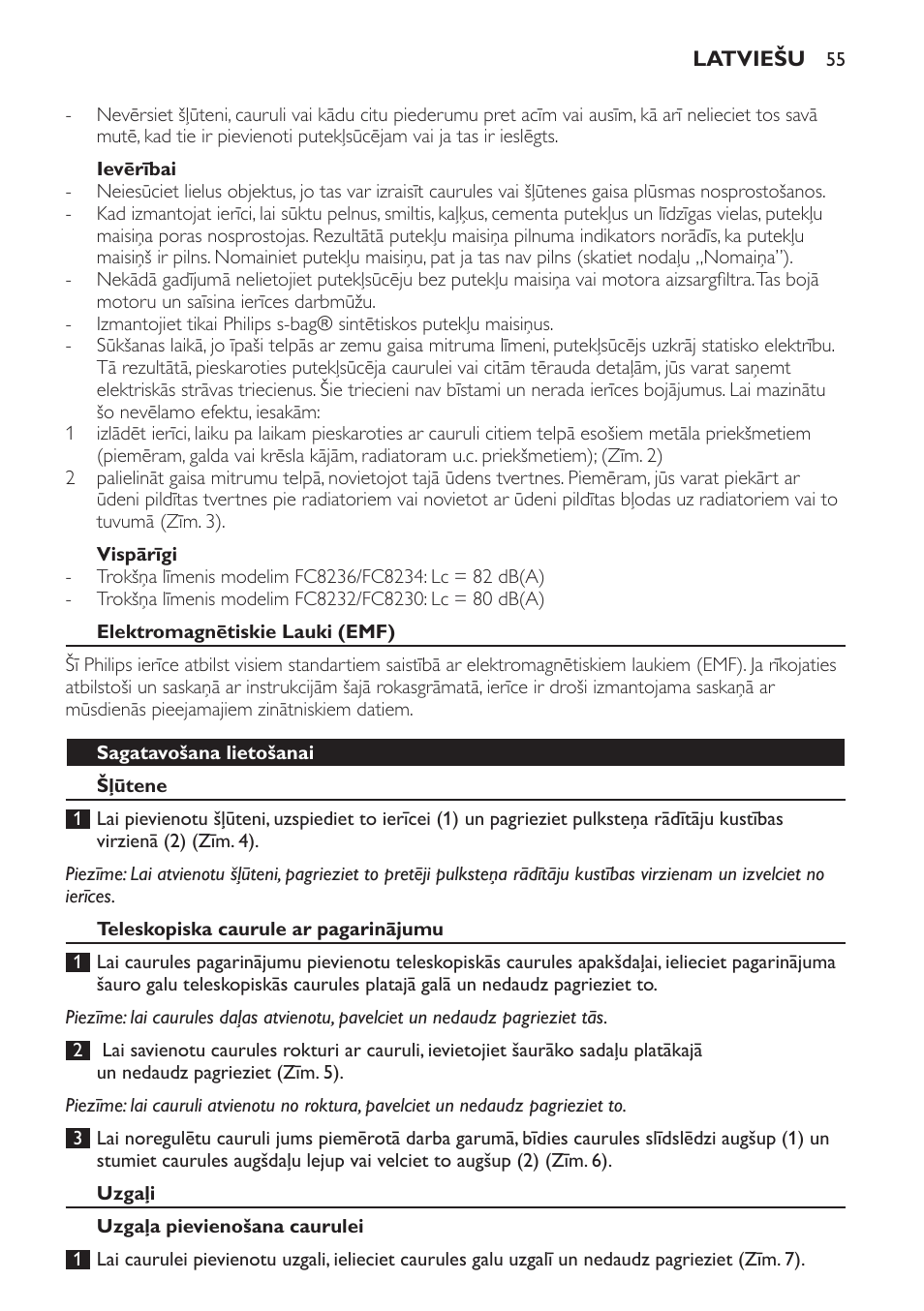 Ievērībai, Vispārīgi, Elektromagnētiskie lauki (emf) | Sagatavošana lietošanai, Šļūtene, Teleskopiska caurule ar pagarinājumu, Uzgaļi, Uzgaļa pievienošana caurulei | Philips FC8230 User Manual | Page 55 / 116