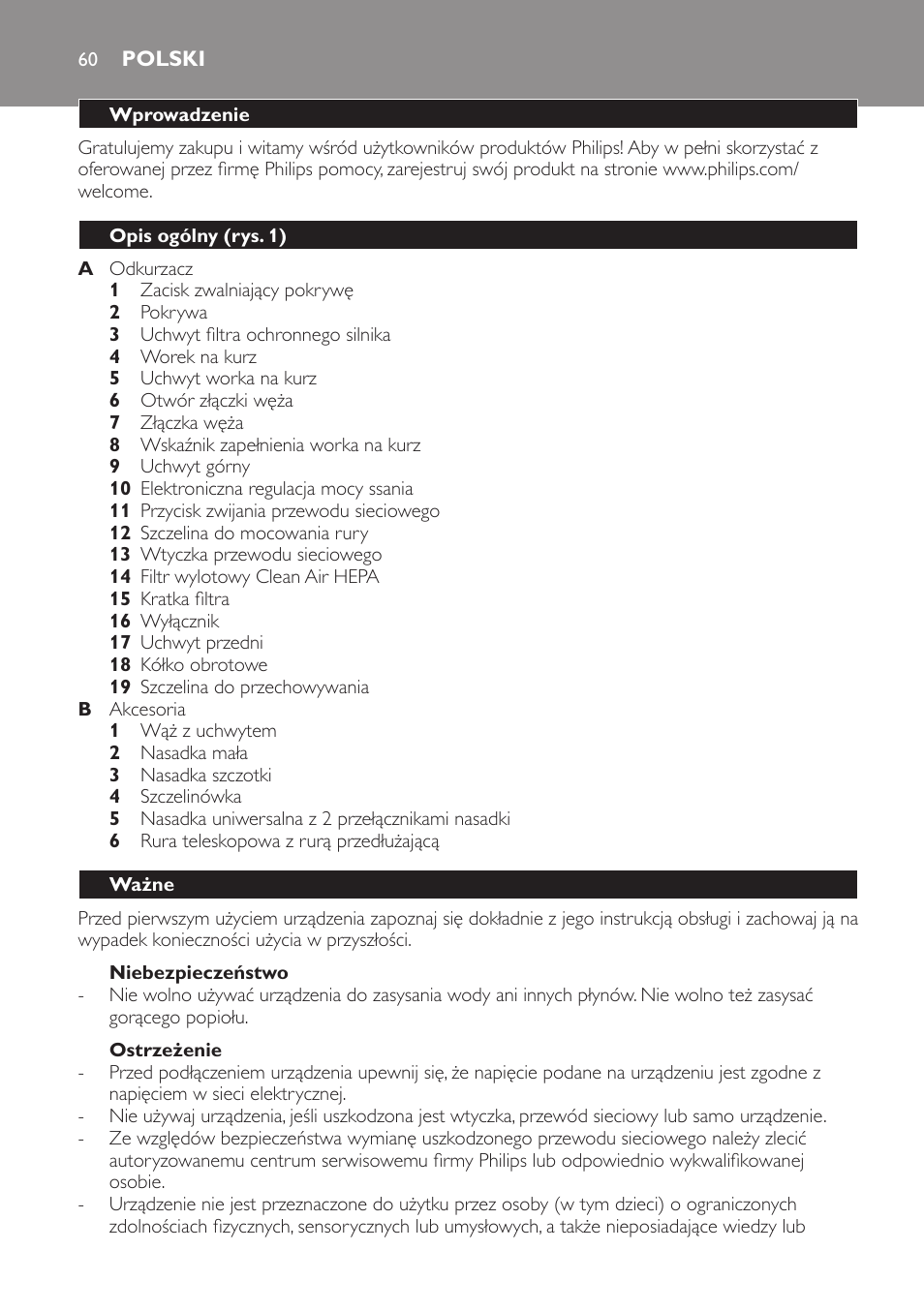 Niebezpieczeństwo, Ostrzeżenie, Polski | Wprowadzenie, Opis ogólny (rys. 1), Ważne | Philips FC8230 User Manual | Page 60 / 116