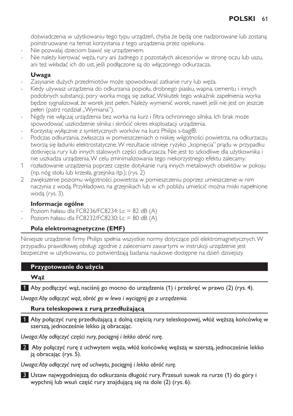 Uwaga, Informacje ogólne, Pola elektromagnetyczne (emf) | Przygotowanie do użycia, Rura teleskopowa z rurą przedłużającą | Philips FC8230 User Manual | Page 61 / 116