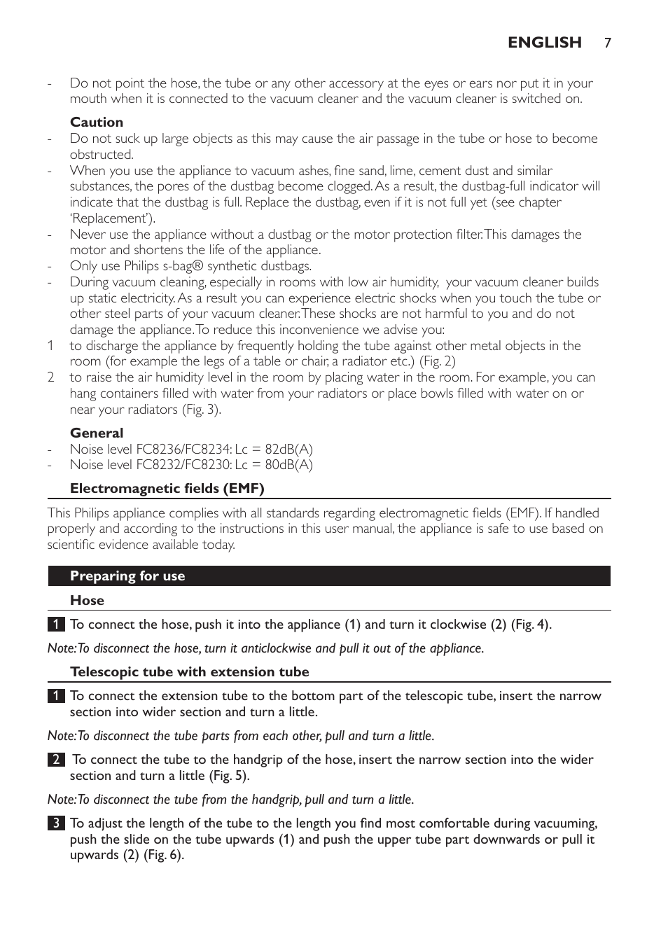Caution, General, Electromagnetic fields (emf) | Preparing for use, Hose, Telescopic tube with extension tube | Philips FC8230 User Manual | Page 7 / 116